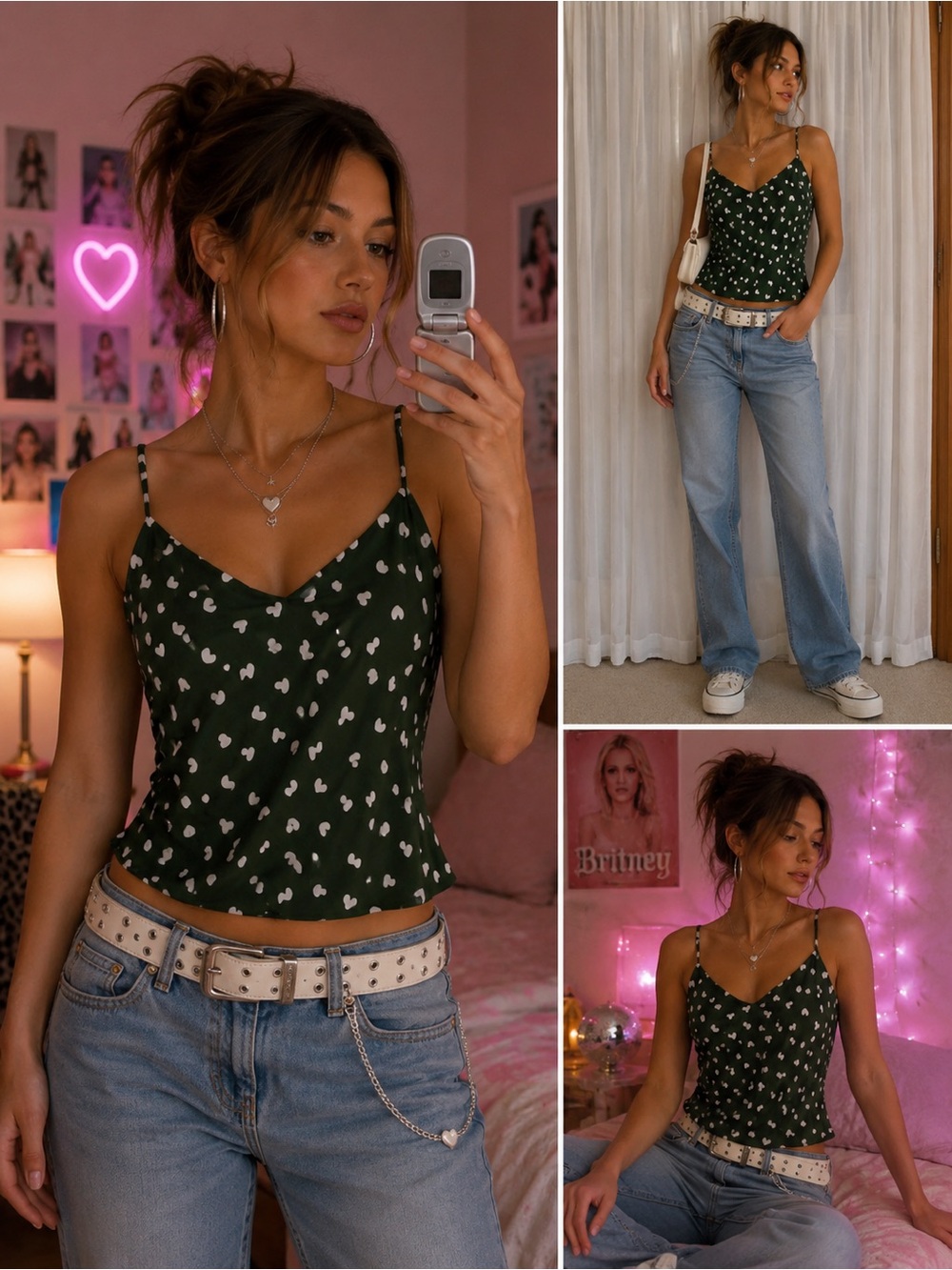 Silky silk Green Heart-Print Spaghetti Strap silk Top small
